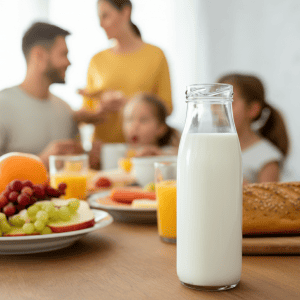 family enjoying dapure milk on breakfast table